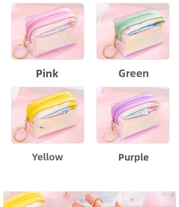 Detailed grid view of holographic laser mini coin purses with colorful zippers and keychains