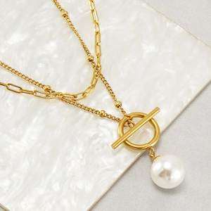 Collier Multicouche Acier Inoxydable Pendentif Künstliche Perle Fermoir OT Chaîne Trombones Bijou Élégant Femmes