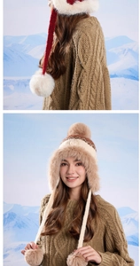 Detail of warm Fair Isle knit hats with plush faux fur trim for winter outdoor activities