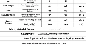 Size chart with measurements in cm and fabric details for lace knit top