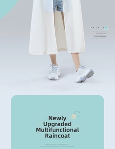 Detail of white long EVA reusable raincoat with waterproof buttons and matte texture