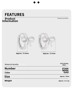 Detailed specs for S925 sterling silver bow earrings, 13.4mm size, style ET606