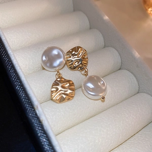 Geometric Hammered Metal Drop Earrings With Imitation Artificial Pearl And Silver Earring Post French Vintage Style For Women