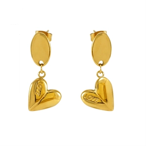 Vintage style gold heart drop earrings with LOVE engraving in high-quality stainless steel