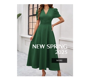 Close-up of elegant forest green V-neck dress with pleated waist and puffed sleeves