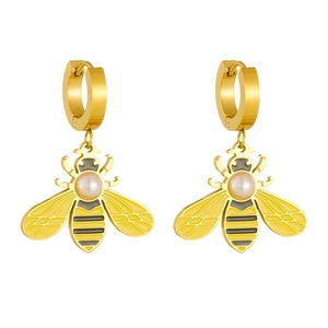 Gold bee earrings with pearls and yellow enamel charms on circular stainless steel hoops