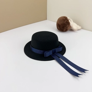 Black wool felt school uniform hat for 20cm dolls with navy ribbon bow and streamers