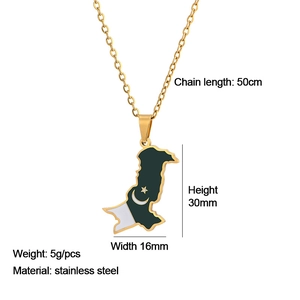 Detailed size specifications for the gold Pakistan map necklace in stainless steel