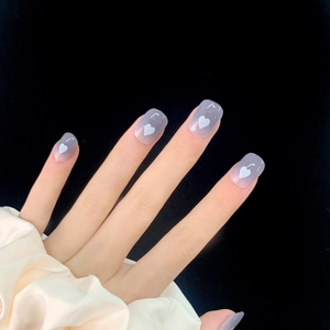 Blue Grey Gradient Heart Print Press On Nails Short Square Shape Glossy Removable Manicure For Women