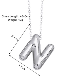Silver balloon letter N pendant necklace with dimensions and technical specifications
