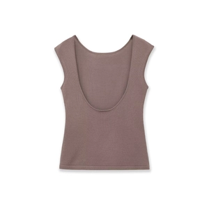 Women's minimalist sleeveless ribbed knit top in dark brown with scoop neckline