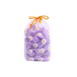 Purple scent booster laundry beads in a floral daisy drawstring pouch on white background