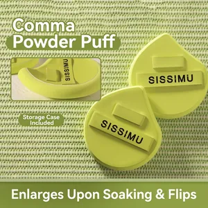 Comma-shaped makeup sponge showing dry and wet expansion with a clear storage box