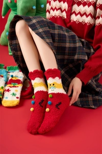 Detailed close-up of thick Christmas coral fleece socks on a model in red background