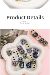 Macro detail of acrylic owl beads for DIY jewelry with vibrant colors and glossy finish