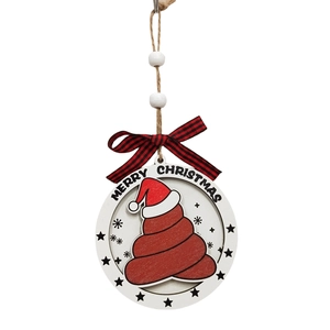 Round wooden Christmas ornament with Merry Christmas print and red plaid bow decoration
