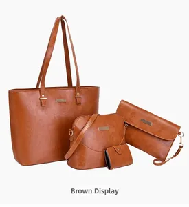 Macro shot of 4-piece caramel leather bag set including tote and crossbody bags