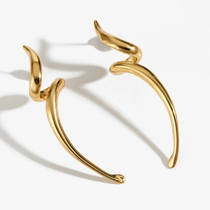 Minimalist golden stainless steel spiral earrings with sleek design on white background