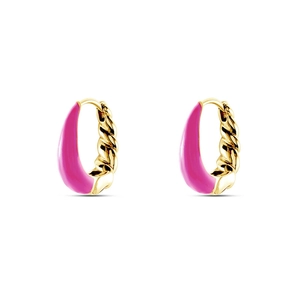 Macro detail of twisted gold-plated hoop earrings with pink enamel inlay on white background