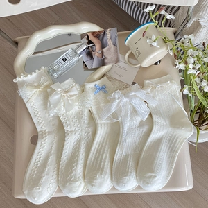 Women Lolita Crew Socks White Combed Cotton Ribbed Lace Trim Sweet Bow Decorative Balletcore Breathable Mid Calf Socks