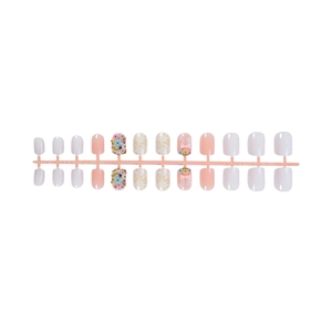 Short square press-on nails with 3D floral and bow designs in white and pink finish