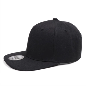 Close-up of a black snapback cap featuring a flat brim and a silver circular sticker logo