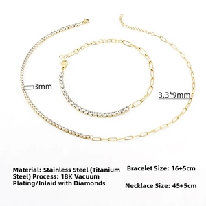 Detail of 18K gold-plated stainless steel paperclip chain necklace with zircon stones