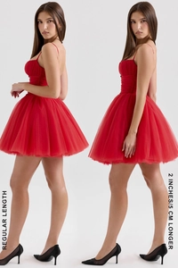 Comparison between regular and 5cm longer length of the red mesh tutu mini dress