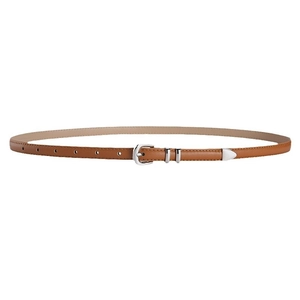 Three-piece brown slim leather belt set for women with polished silver pin buckle