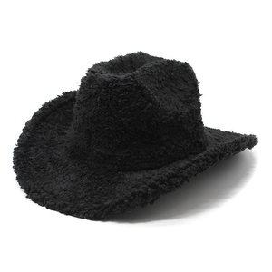 Stylish black plush western cowboy hat with wide brim and warm fuzzy felt texture