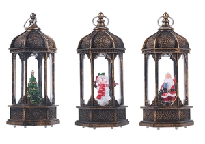 Three-piece set of vintage bronze Christmas lanterns with Santa, Snowman, and Tree details