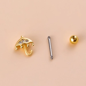 Detailed components of gold umbrella stud earring with cubic zirconia and screw ball back