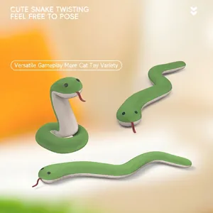 Flexible knit catnip snake toy for cats in a poseable green striped fabric design