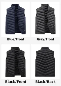 Detail view of men's quilted vests in blue, grey, and black colors with front and back views