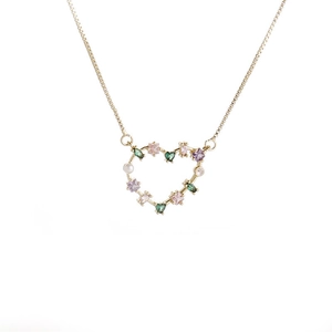 Gold plated necklace with heart pendant, multicolored zircons and a small white pearl