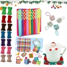 DIY Christmas weaving set with colorful elastic loops and creative finished craft projects