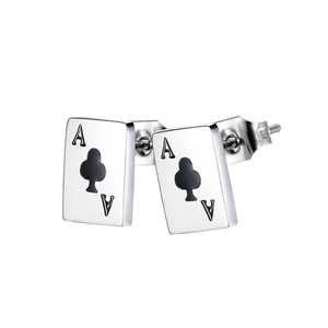 Minimalist silver steel poker club ace stud earrings with heart and spade detail