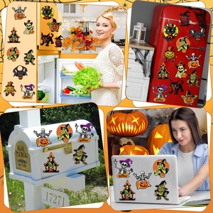 Close-up of Halloween gnome and skull magnets on a refrigerator and mailbox surface