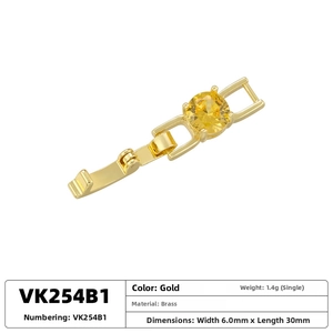 Detail of gold brass folding clasp with yellow gemstone for DIY jewelry 6x30mm