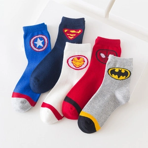 Close-up of five-pack cotton crew socks featuring superhero logos and contrast toes
