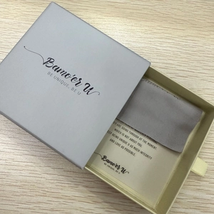 Premium light grey jewelry gift box with velvet lining, silver cloth and card