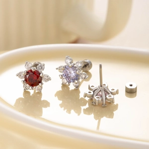 Sparkling floral heart stud earrings with red and purple zircon stones in silver titanium