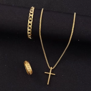 Golden 3-piece jewelry set with cross necklace, curb bracelet and textured band ring