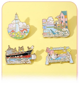 Detailed set of four colorful metal enamel souvenir magnets of Weihai City landmarks