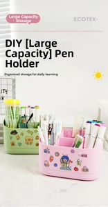 Detail of pink and green DIY desktop organizers with four compartments and cute stickers