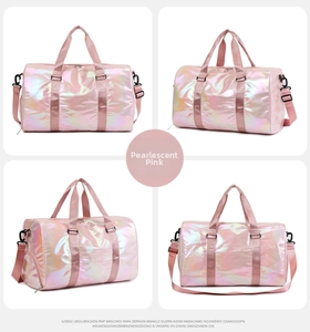 Detailed views of gradient pearlescent pink gym bag with separate shoe compartment