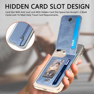 Blue lychee leather phone card holder with hidden slots and secure zipper pocket