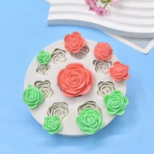 Multi-slot rose flower silicone mold for soap and candle making on blue background