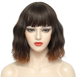 Short wavy Bob wig with bangs in dark brown to reddish gradient for women