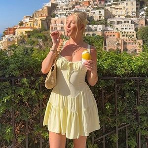Robe Courte Sexy Femme À Bretelles Sans Manches Dos Froncé Bretelles Réglables Volants Étages Vacances Été Polyester Élasthanne